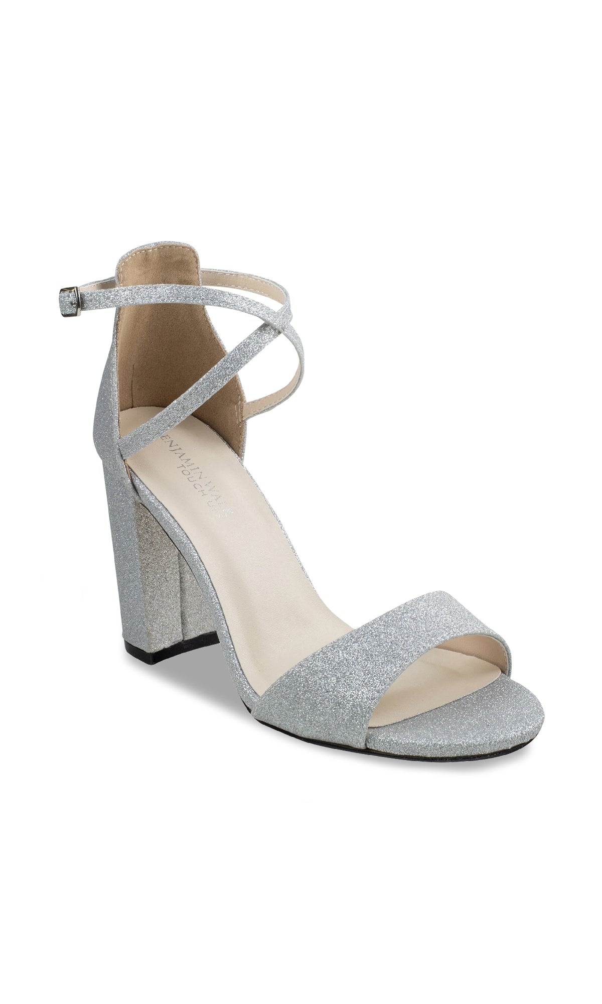 The Jordy Silver Glitter Prom Shoes by Touch Ups 4629 feature a block high-heel, open toe, single front strap, and a secure ankle buckle—stylish and perfect for any special occasion.